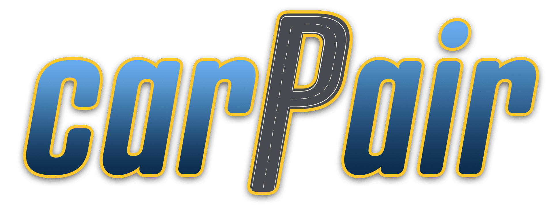 The picture is a logo for "CarPair". The text "CarPair" is in bold letters with a blue fill and a yellow outline. The letter "P" in "Pair" is stylized to look like a road with a dashed line in the middle. The background of the image is white.